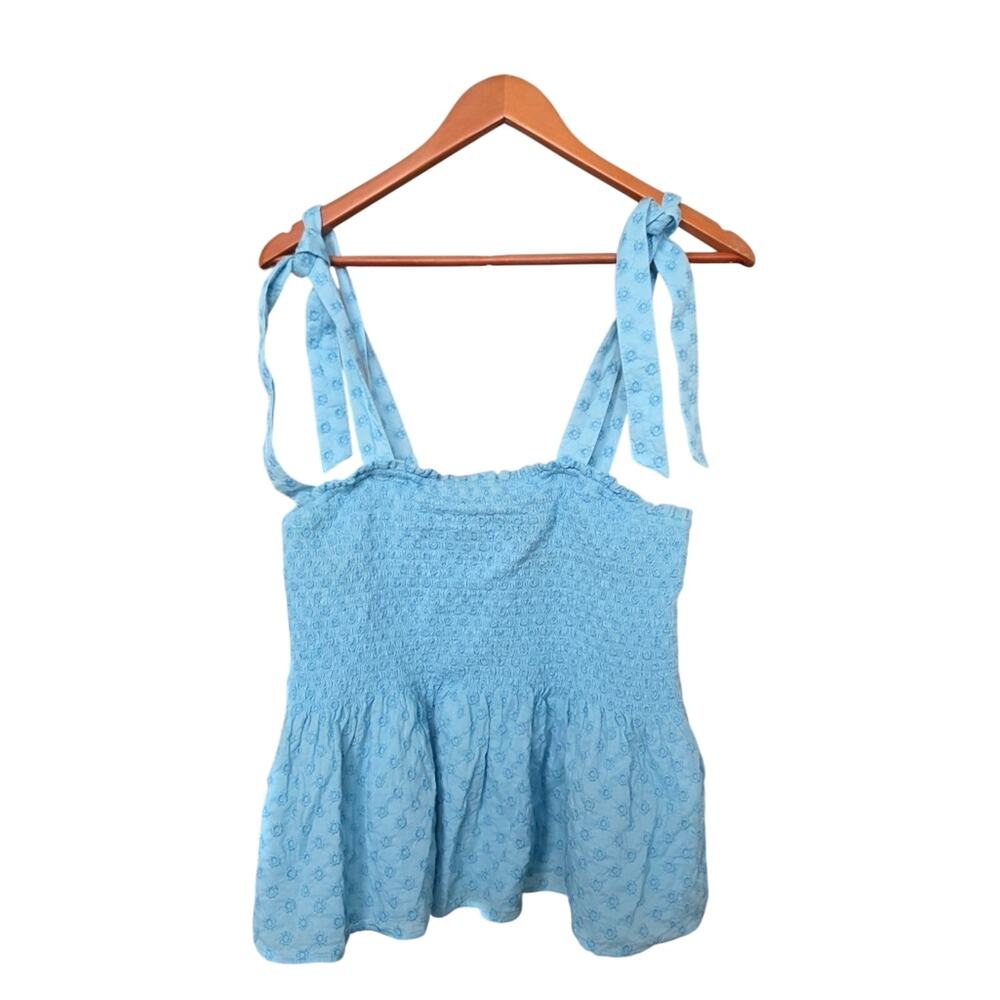 Kate Spade Blue Floral Smocked Peplum Tie-Shoulder Top Size L - Picture 2 of 8